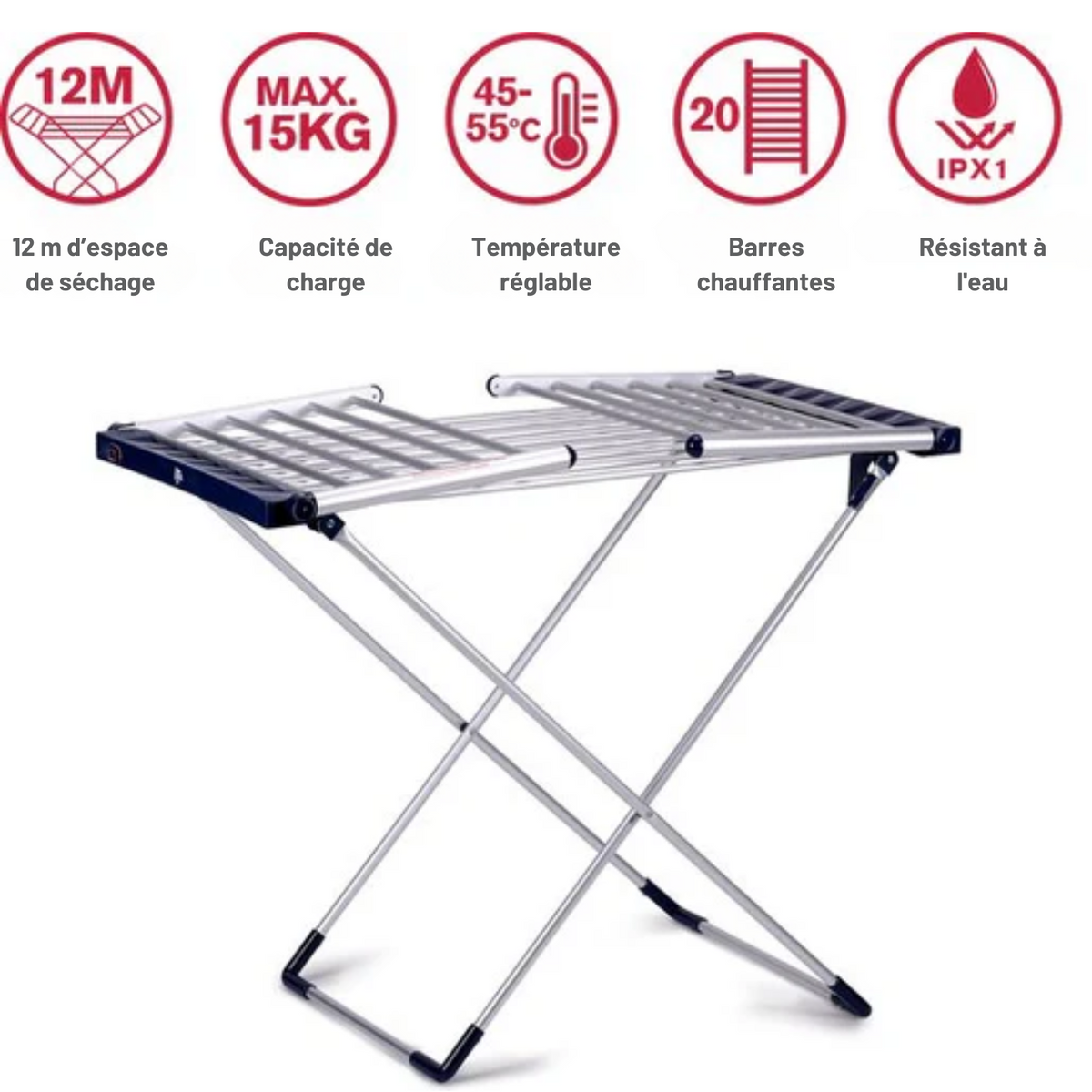 Étendoir électrique - Dirt Devil - 20 Tiges – Séchage 12 m – Température Réglable 45-55°C – Pliable - 147 x 54 x 94 cm - Aluminium