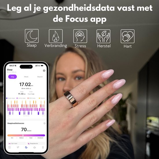 Focus® S2 Smart Ring - Or - Taille 9 - AI Coach - Fréquence cardiaque - Cycle menstruel - Moniteur de sommeil - Score de récupération - Smart Ring - Performance sportive - Podomètre - IP68 Waterproof - Mesure de l'O2 - Femmes - Hommes - Wearables - Etui d