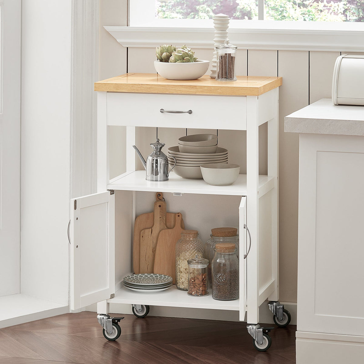 SoBuy Chariot de cuisine avec 1 tiroir et 2 portes - Max. 30KG - 44,5 x 60 x 90 cm - Blanc