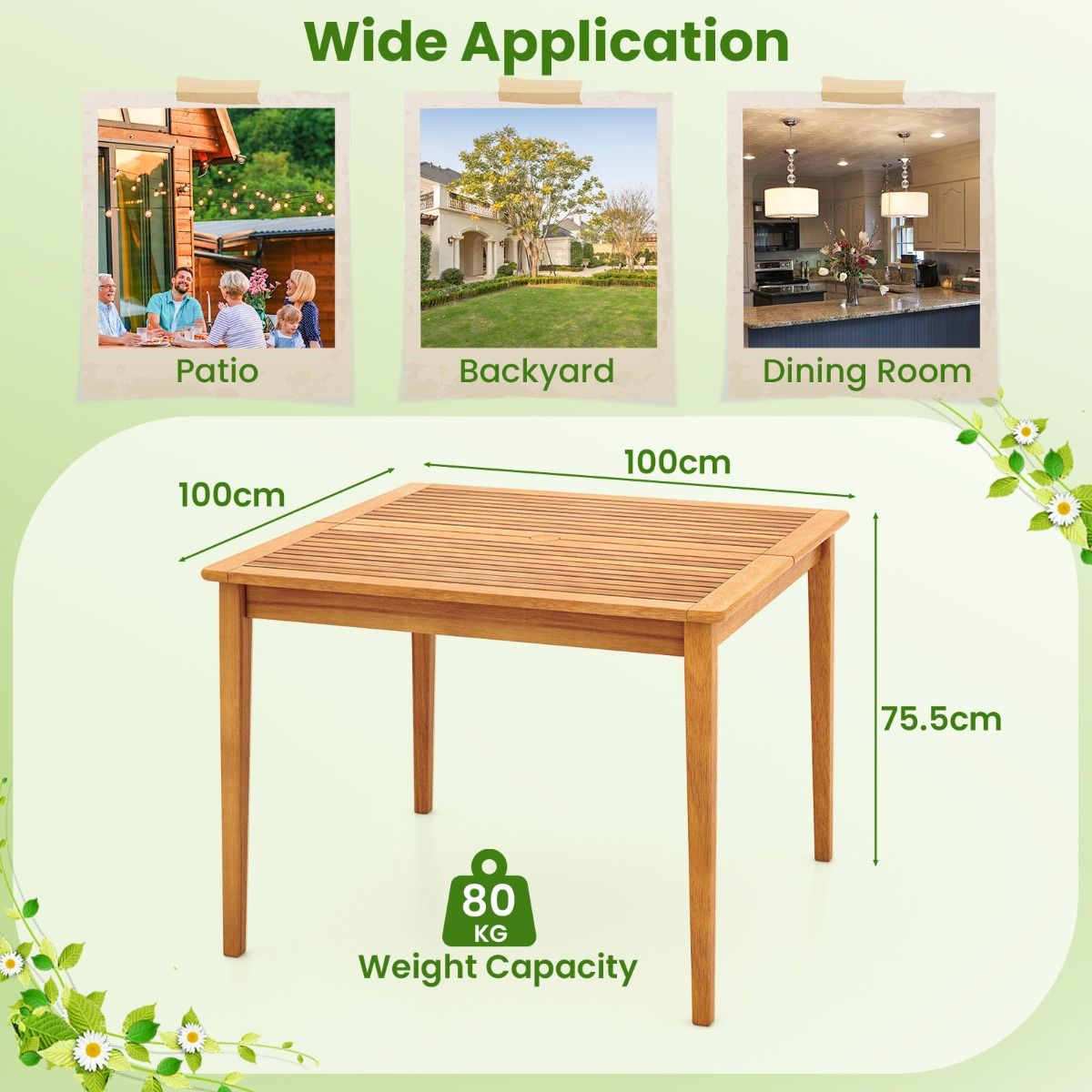 Table de jardin Coast en bois d'acacia - carrée - avec trou pour parasol - couleur naturelle - 100 x 100 cm