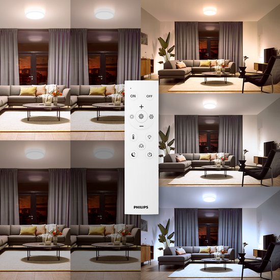 Plafonnier tout-en-un Philips - Lot de 2 - Avec télécommande - 24 W - Éclairage LED - Lumière blanche chaude à froide ; 2 700 K à 6 500 K - 30 cm - Blanc - Rond