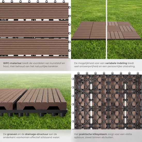 tectake® WPC wood tiles - Dalles aspect bois - Résistant aux intempéries - Sol extérieur - Dalles de sol - Sol de balcon - Dalles de terrasse avec système click - Drain - Lot de 11 - Marron