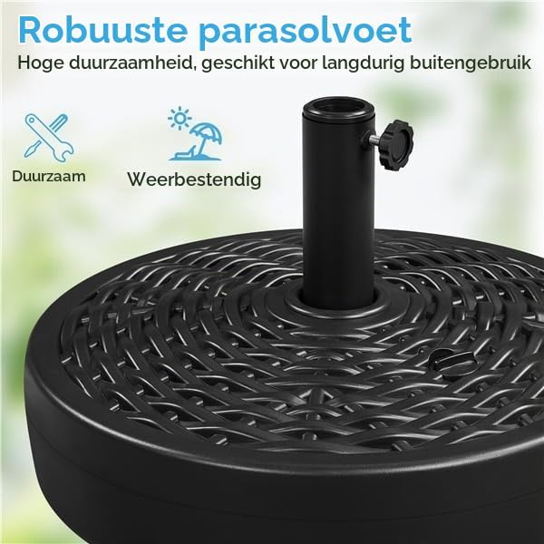 Pied de parasol Yaheetech aspect rotin, à remplir d'eau ou de sable – compatible avec les mâts de parasol de Ø 38/48 mm – Ø 50 x 30 cm – noir