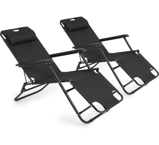 Chaise longue d'extérieur - Pliable - Lot de 2 - Réglable - Polyester & Métal - Noir