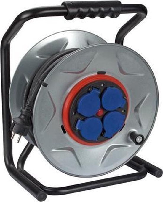 Perel Professionele kabelhaspel, gebruik binnen- en buitenshuis, spatwaterdicht (IP44), 4 stopcontacten met penaarde, anti-twist-systeem, thermische beveiliging, kabellengte 40 m, 3G2.5, grijs/zwart