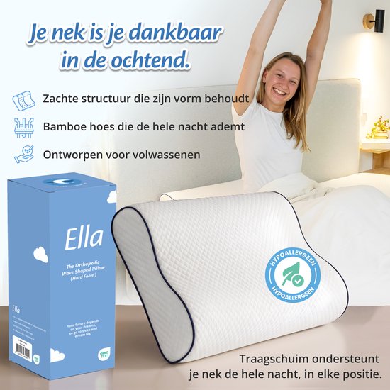 Oreiller orthopédique Ella Wave-Hard pour les personnes dormant sur le dos ou sur le côté - Oreiller ergonomique en mousse à mémoire de forme pour le soutien de la nuque - Oreiller pour les douleurs cervicales, 60 x 40 cm - Blanc