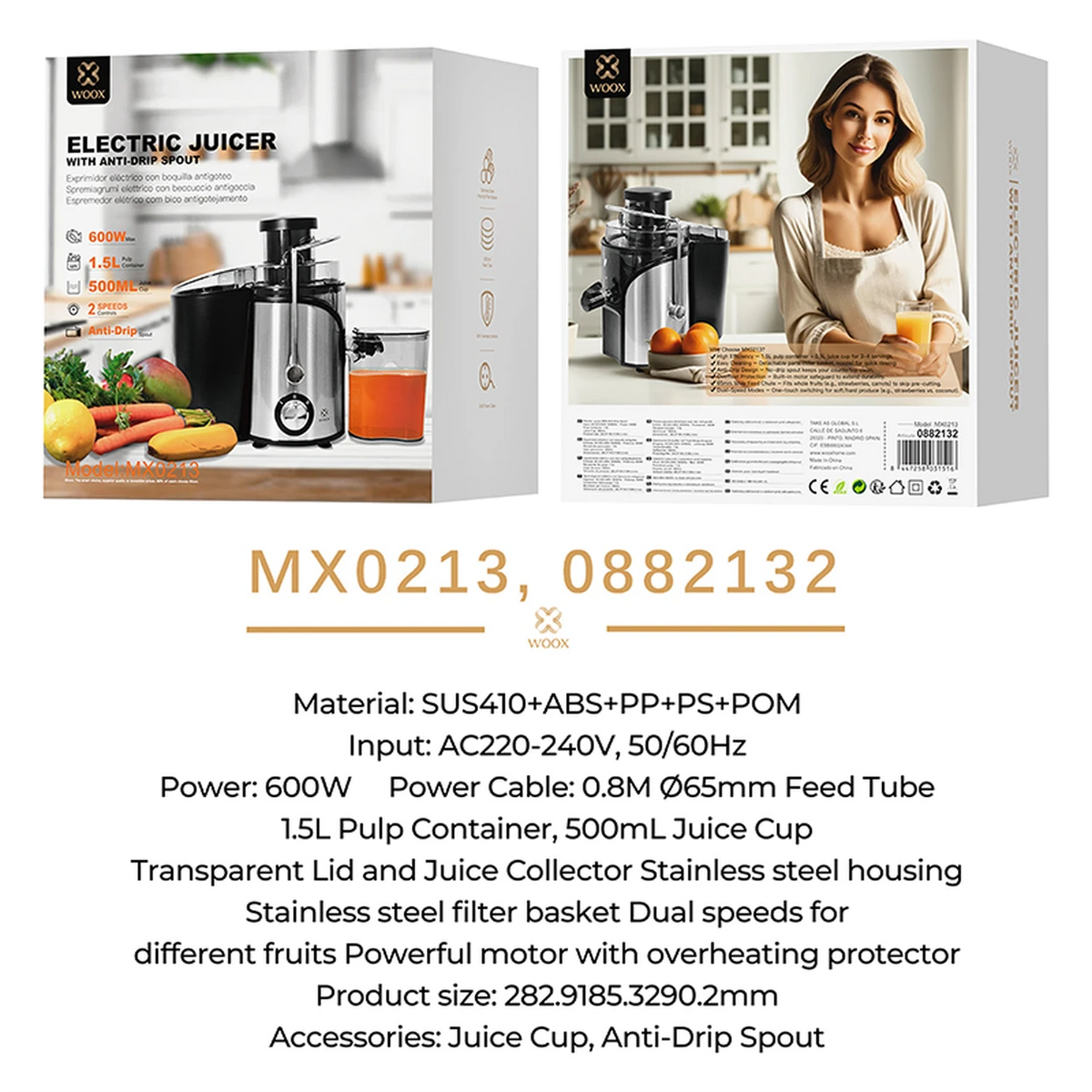 Centrifugeuse WOOX - 600 W - Large ouverture de remplissage - Noir