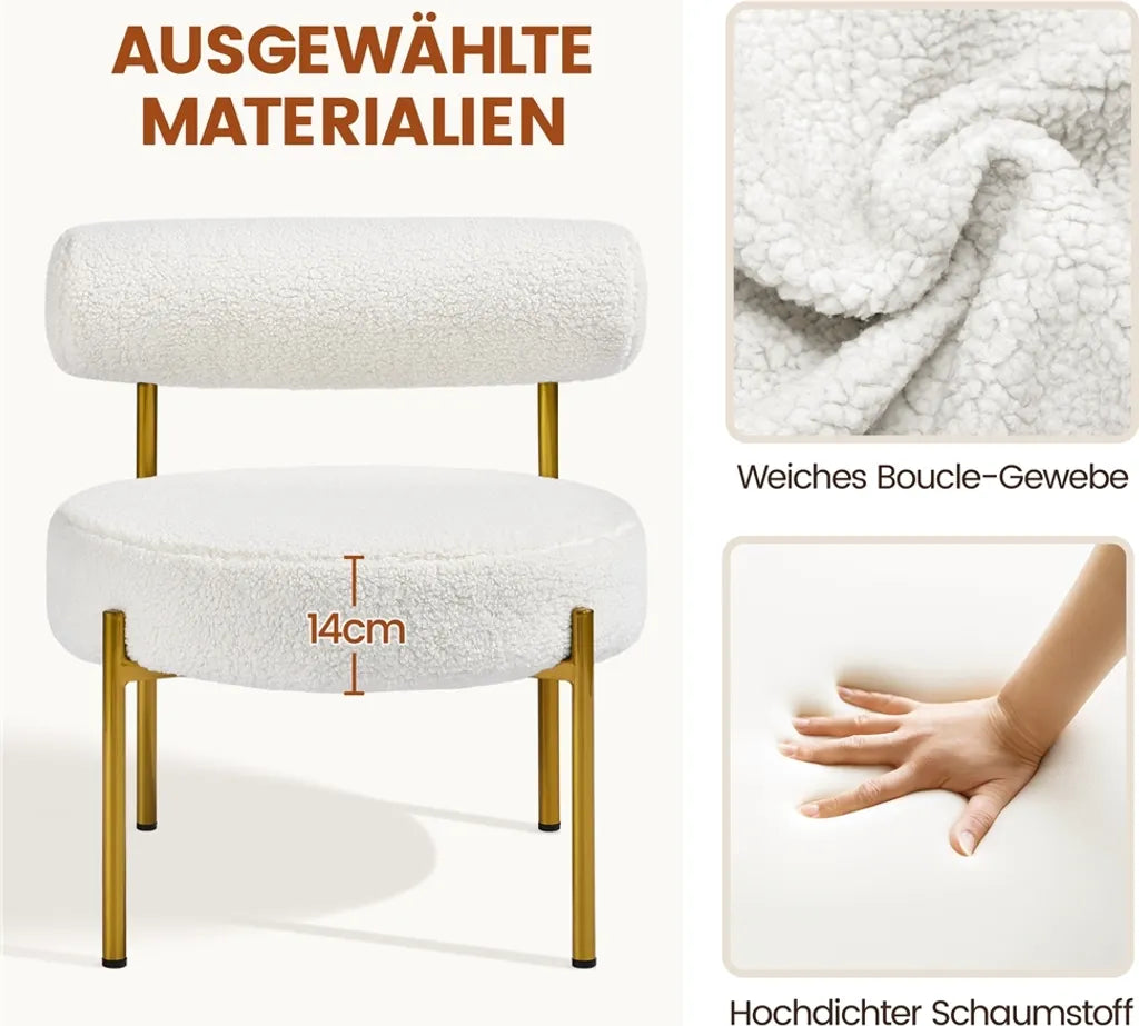 Yaheetech Lounge Chair 63 × 58 × 65 cm - White Bouclé - Chaise relaxante moderne avec assise ronde et pieds en métal