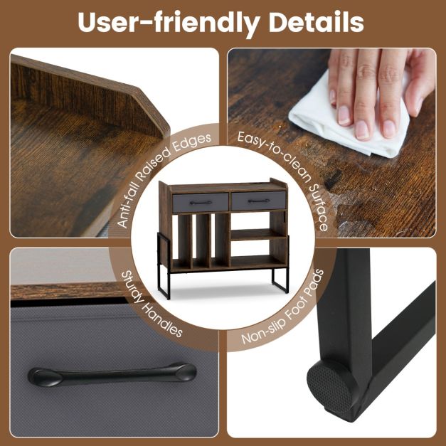 Étagère à disques Coast avec prise électrique, port USB et port Type-C – Table pour platine vinyle avec 3 compartiments à vinyles, 2 tiroirs en tissu et des étagères réglables – 76 × 35,5 × 68,5 cm – Marron