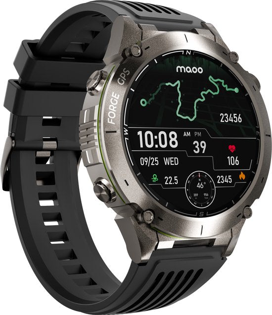 Maoo FORGE - GPS Smartwatch Homme - Ecran AMOLED 1,43" - 3 bracelets - GPS (5 satellites) - Fonction cloche - Batterie 730mAh (longue durée de vie) - 170+ modes sport - Fréquence cardiaque, pression artérielle, SpO2, podomètre - Boussole, Lampe de poche -