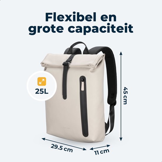 Sac à dos Pathsail Rolltop - 13,5 L - 15,6 pouces - Beige - Hydrofuge - Boucle métallique - Compartiment pour ordinateur portable