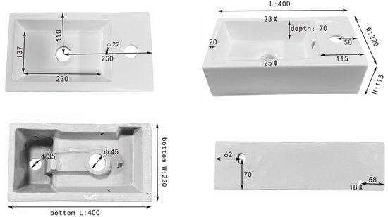 Ensemble de lavabo Differnz Hura L - Lavabo en céramique - Compatible avec l'eau chaude et l'eau froide - Couleur : blanc - Idéal pour les toilettes ou la salle de bains - Dimensions : 40 x 22 x 11,5 cm - Poids : 6 000 grammes