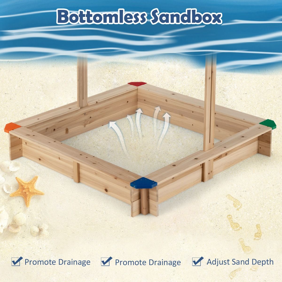 Bac à sable en bois Coast avec auvent réglable - sans fond - coin salon - bleu - 121 x 121 x 120 cm