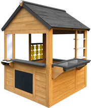 Maisonnette AXI Lynn en marron / anthracite – Maisonnette en bois avec cuisine jouet, jeu « Beurre, fromage et œufs » et accessoires – Bois certifié FSC – Maisonnette de jardin pour enfants – Garantie 10 ans !