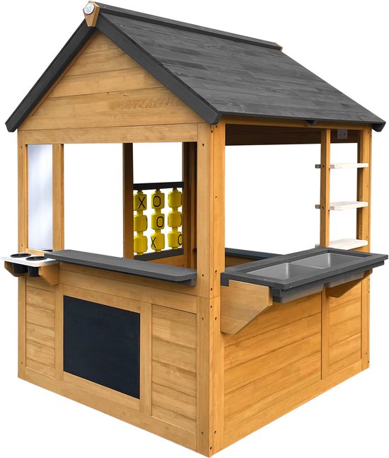 Maisonnette AXI Lynn en marron / anthracite – Maisonnette en bois avec cuisine jouet, jeu « Beurre, fromage et œufs » et accessoires – Bois certifié FSC – Maisonnette de jardin pour enfants – Garantie 10 ans !