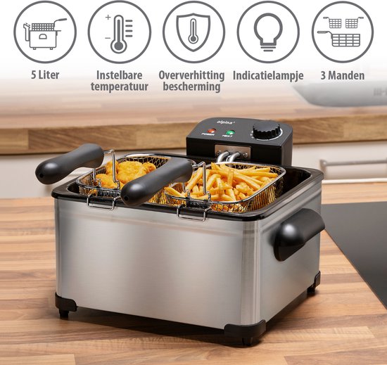 alpina friteuse double 5 litres - friteuse avec thermostat réglable - friteuse avec 3 paniers amovibles - friteuse 2000W - 27,5 x 21,5 x 30,5 cm - acier inoxydable