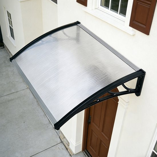 AXI Lux Auvent pour porte et véranda Noir – 128 x 75 x 24 cm – Polycarbonate transparent – Cadre en aluminium – Protection UV – Matériel de montage inclus