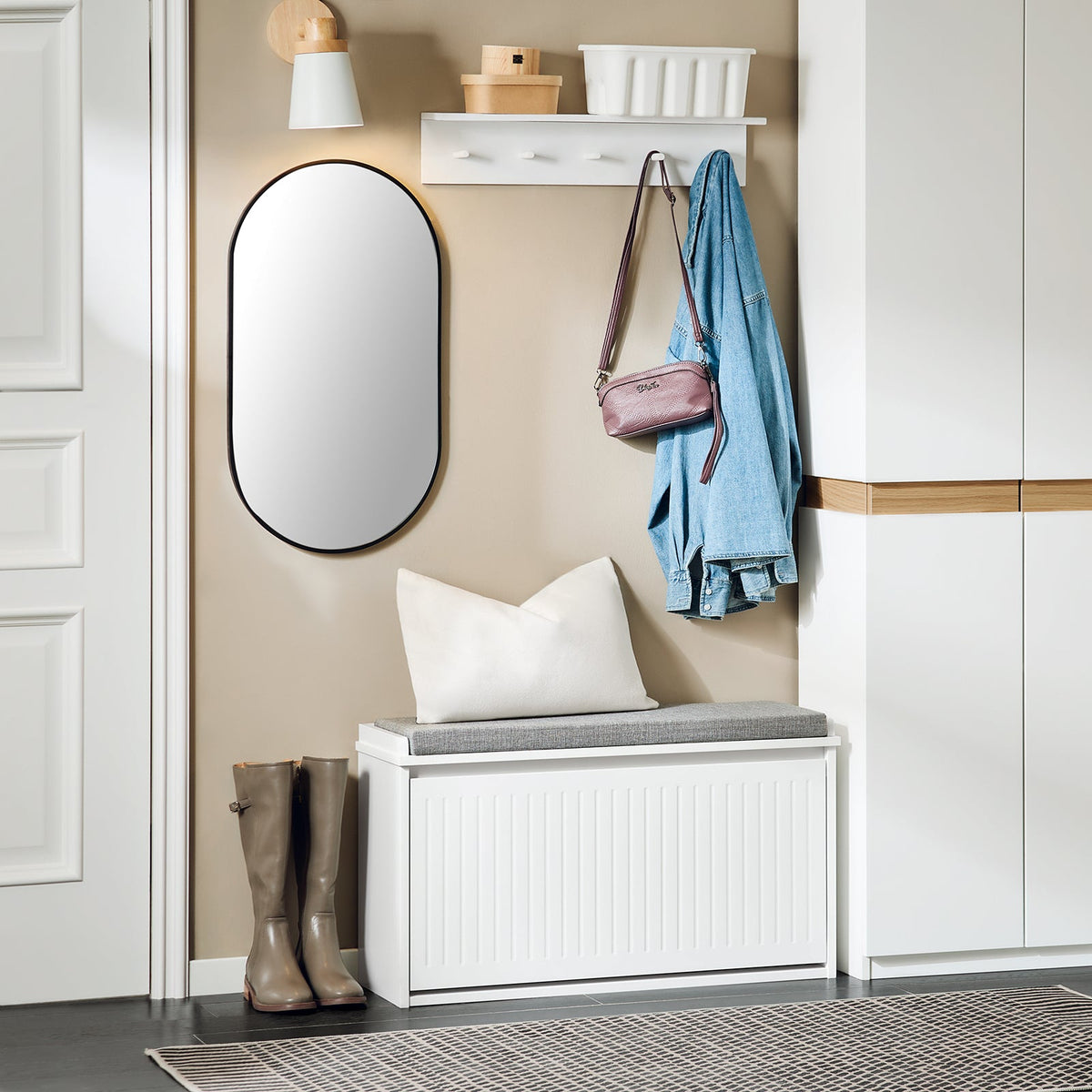 SoBuy Meuble à chaussures avec assise et abattant - blanc - 80x45x26 cm - Meuble à chaussures moderne en MDF
