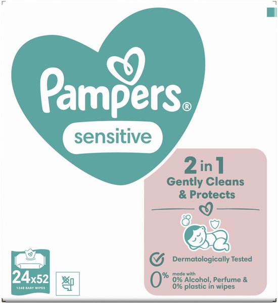 Lingettes Pampers Sensitive - 2 en 1 : Nettoyage en douceur et protection - 0 % de plastique dans les lingettes - 24 paquets de 52 lingettes = 1 248 lingettes pour bébé