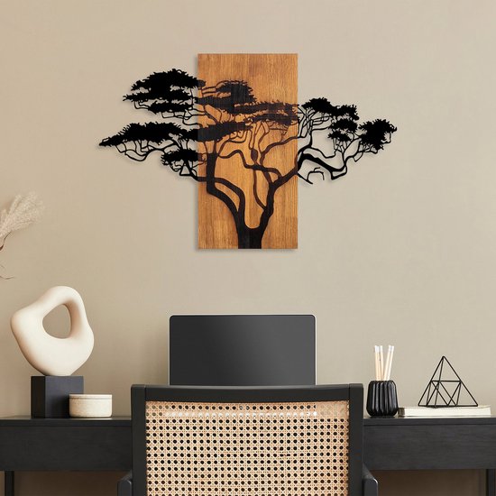 Asir - Accessoire mural décoratif en bois - Noyer & Noir - 90 x 58 cm
