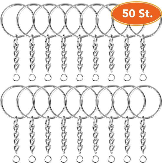 Porte-clés avec chaîne - 50 anneaux fendus pour porte-clés en acier inoxydable - Set d'anneaux fendus pour porte-clés - 25 mm - 50 pièces
