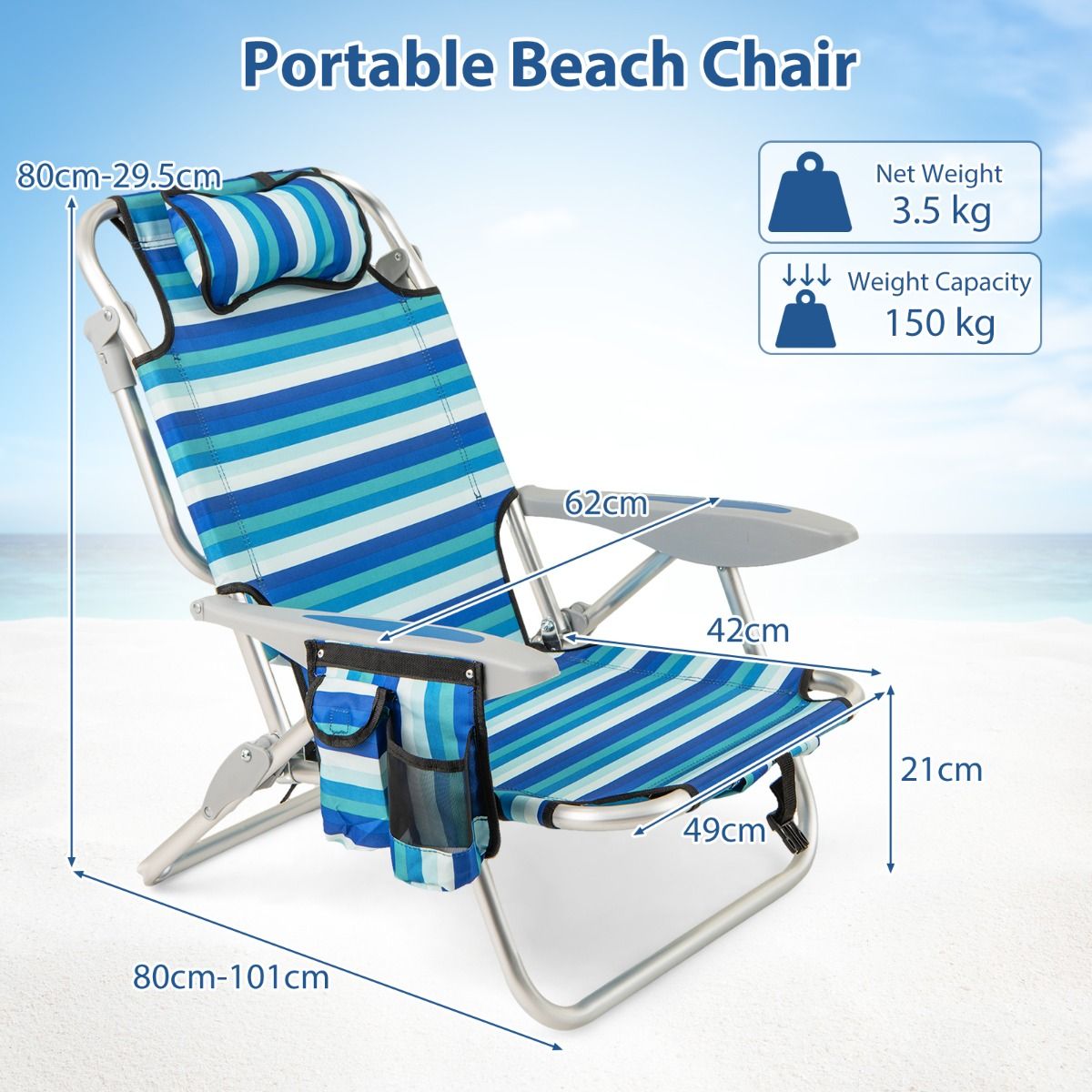 Ensemble de chaises de plage pliantes Coast - Dossier réglable - Glacière incluse - Bleu