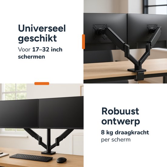 Skoov Bras pour moniteur avec vérin à gaz - Pour 13-32 pouces - 2 écrans - Support - Moniteur - Support - Support - Extra stable - Noir