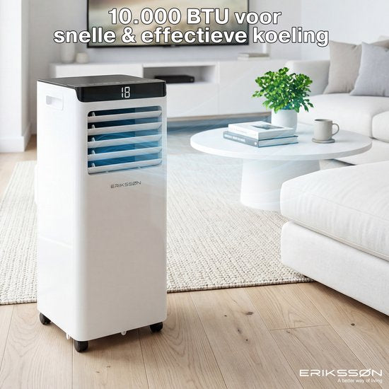 Climatiseur mobile Eriksson - 10 000 BTU - Kit d'étanchéité pour fenêtre inclus - Jusqu'à 30 m² - 4-en-1 - Climatisation - Ventilateur - Déshumidificateur - Blanc