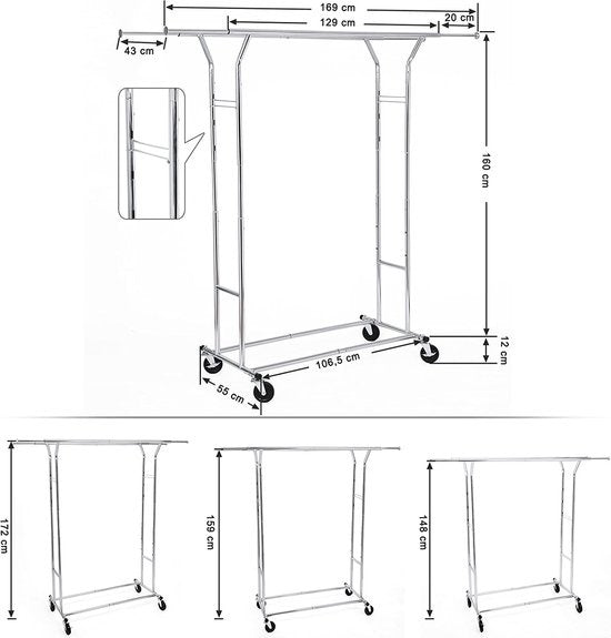 O'DADDY® Clothes Rack - Support de penderie - Double tige - Extensible et ajustable - Design stable - Capacité de charge de 110 kg - Métal - Argent