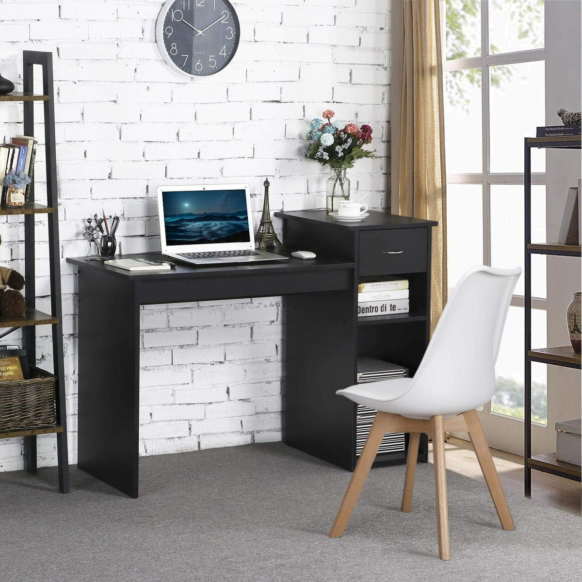 Table d'ordinateur Yaheetech - Avec tiroir et 2 étagères - 112 x 50 x 82 cm - Noir