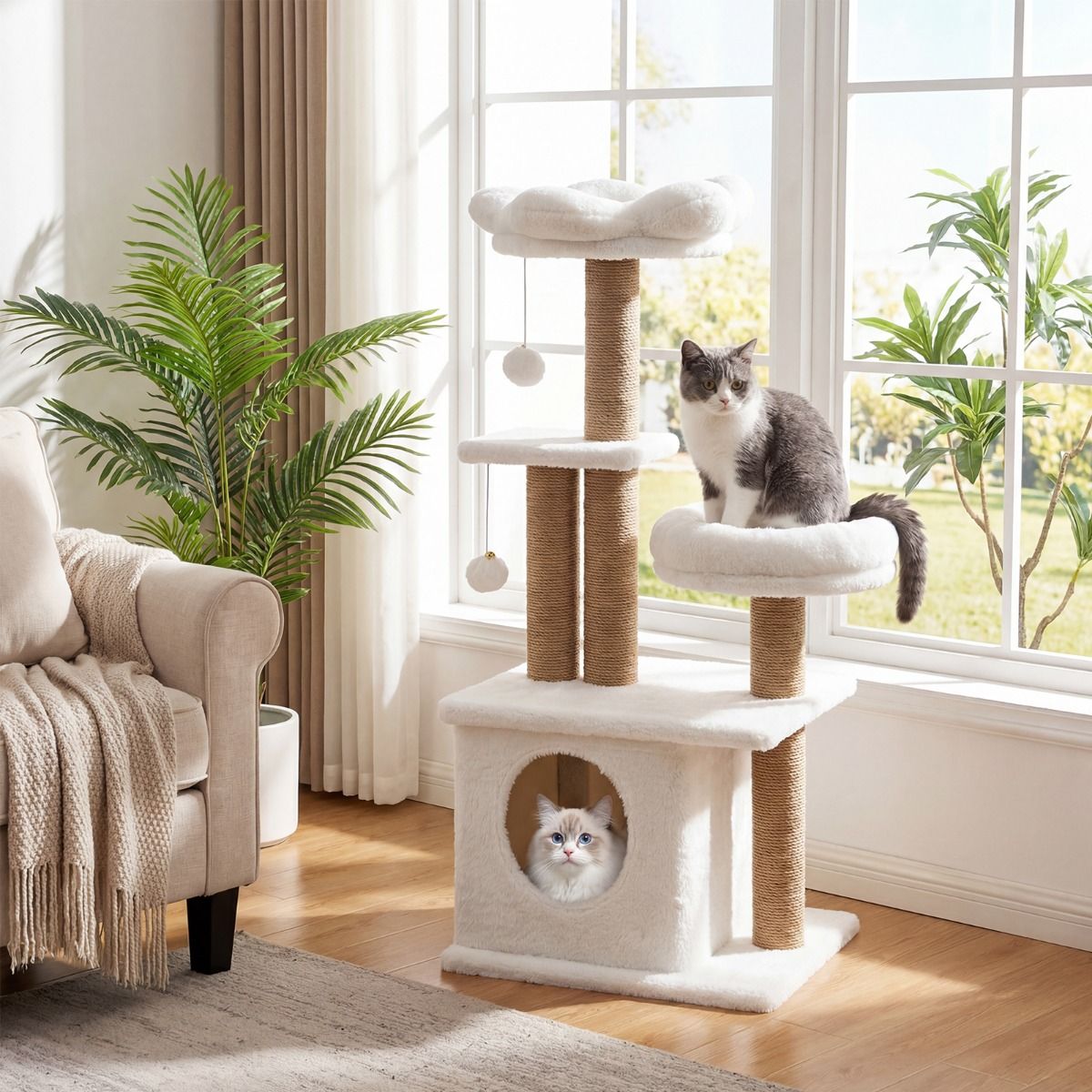 Arbre à chat Coast - plate-forme d'observation en forme de fleur - maisonnette et lit pour chat - beige 96 cm