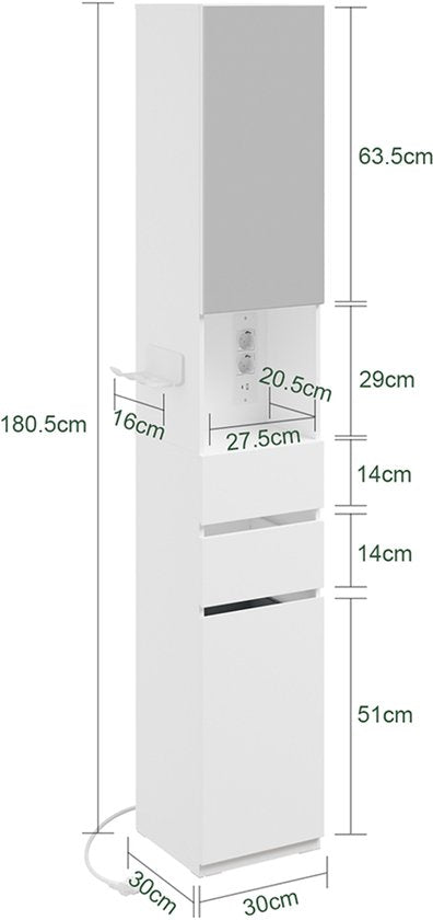 Armoire de salle de bains SoBuy BZR240-E-W - 30 x 30 x 180,5 cm - Blanc