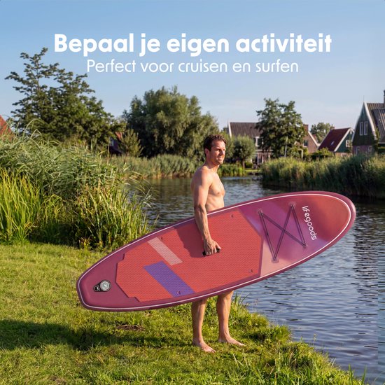 LifeGoods SUP Board All-round Compact - avec siège - capacité de charge de 100 KG - 300 x 76 cm - gonflable - ensemble complet de SUP - rouge/lilas