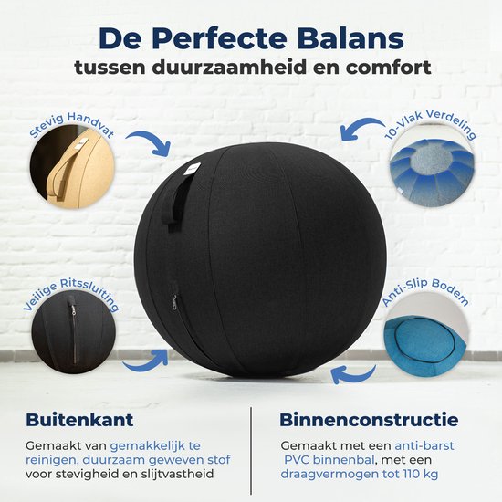 Ballon de siège Backerz 65 cm - Ballons de siège avec housse en lin - Chaise de bureau ergonomique pour le bureau et la maison - Ballon de yoga de luxe - Noir