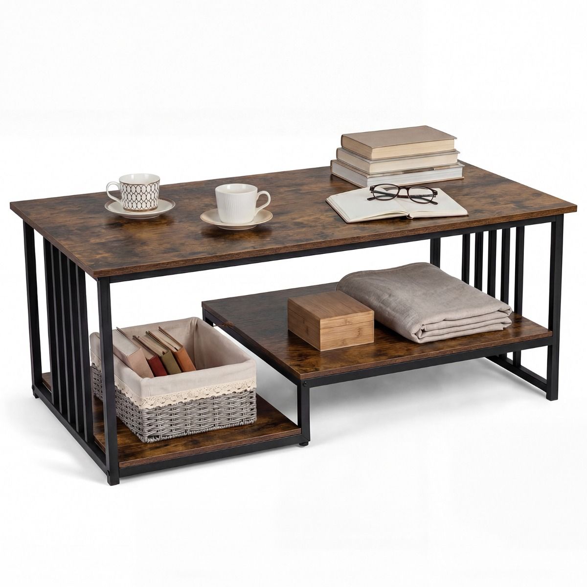 Table basse Coast - rectangulaire - 2 tablettes - marron rustique/noir - 110 x 60 x 45 cm