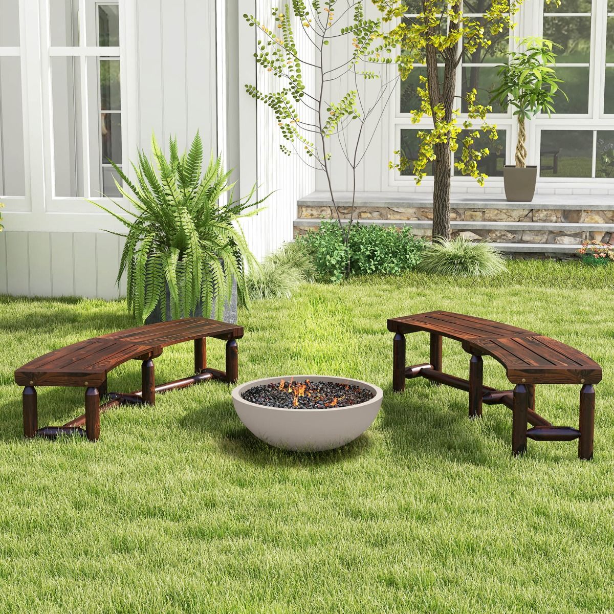 Banc de jardin Coast sans dossier - design incurvé - 2-3 places - marron rustique 139 x 36 x 41 cm