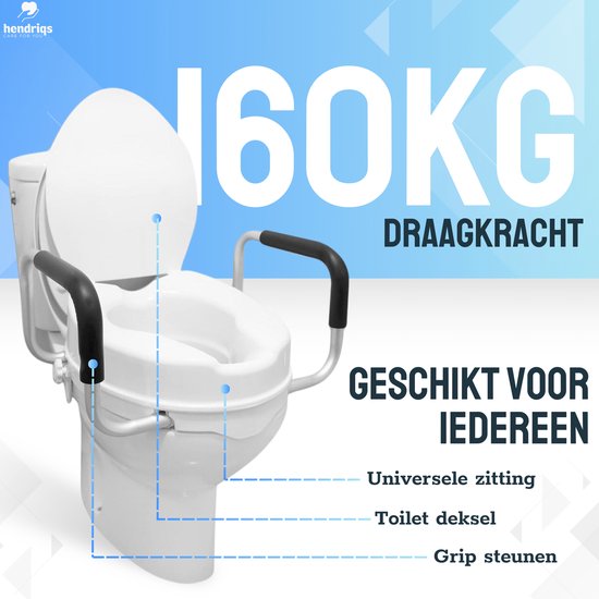 Rehausseur de WC Hendriqs® 10 cm avec accoudoirs et couvercle - Rehausseur de WC avec accoudoirs - Siège de WC surélevé - Rehausseur pour adultes et seniors - Siège de toilettes à hauteur réglable - Rehausseur de WC - Siège de WC surélevé