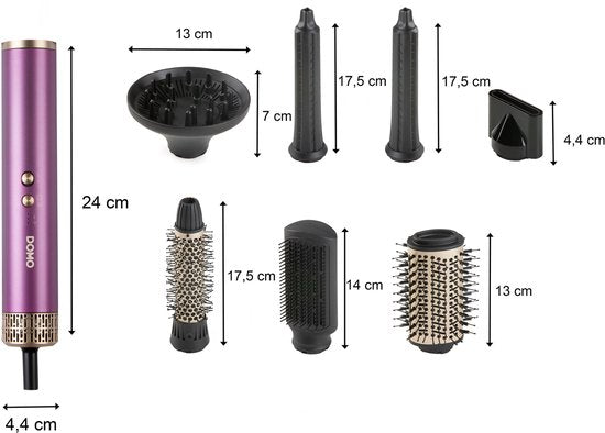 DOMO DO54782HS Airstyler 7-en-1 - Brosse soufflante - Multistyler - Brosse à boucler - Brosse lissante - Sèche-cheveux avec 7 embouts - Violet/Or