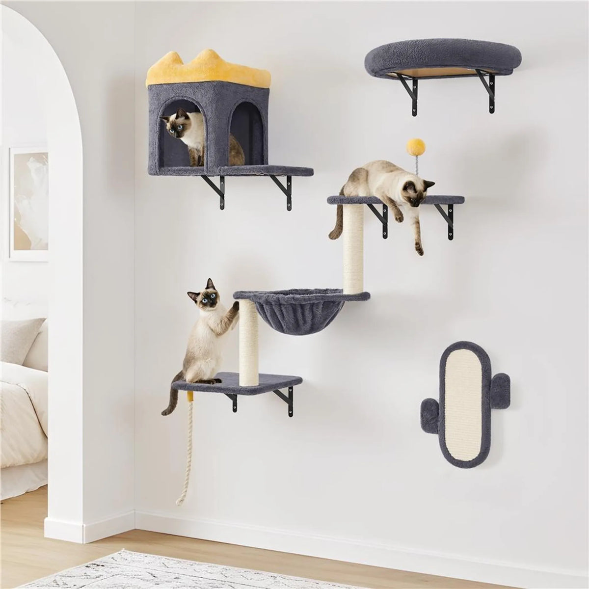 Yaheetech Meuble mural pour chat - 49 x 30 x 40 cm - équipé d'un terrier et d'un panier de couchage pour chat, de griffoirs en sisal et de plates-formes multiples - pour 1 à 5 chats - peluche et métal gris foncé