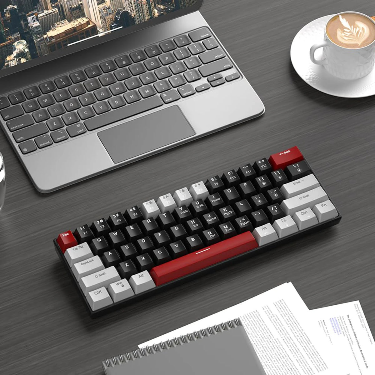 Clavier de jeu mécanique MageGee STAR 61 - 60 % - 61 touches - Rétroéclairage LED bleu - Commutateurs rouges - USB-C - Gris/Noir/Rouge