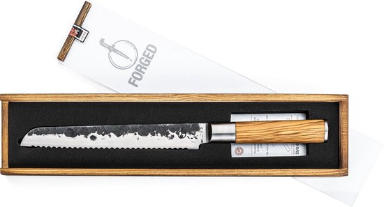 Couteau à pain forgé en bois d'olivier 20cm - En bois d'olivier - Dans une boîte cadeau en bois