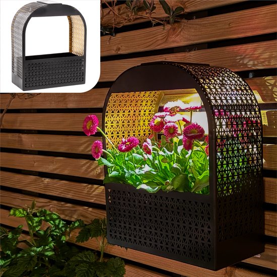 Lampe murale solaire Gadgy avec jardinière amovible – Éclairage de jardin à énergie solaire – LED blanc chaud – 30 x 25 cm – Métal noir