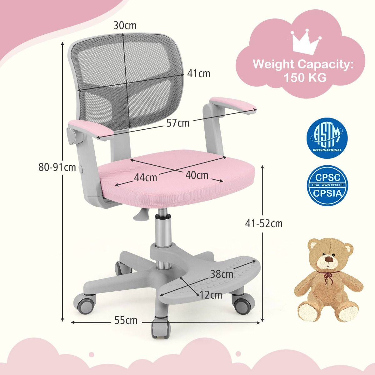 Chaise de bureau pour enfant Coast - réglable en hauteur - pivotante avec roulettes - rose