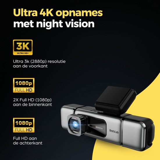 Botslab G980H Pro 2CH 4K Wi-Fi GPS 2CH 64 Go - Caméra embarquée avec caméra avant 4K et caméra arrière 2K - Écran LCD 2,45 pouces - Wi-Fi et GPS - Mode stationnement - Carte Micro SD de 64 Go - caméra embarquée pour voiture
