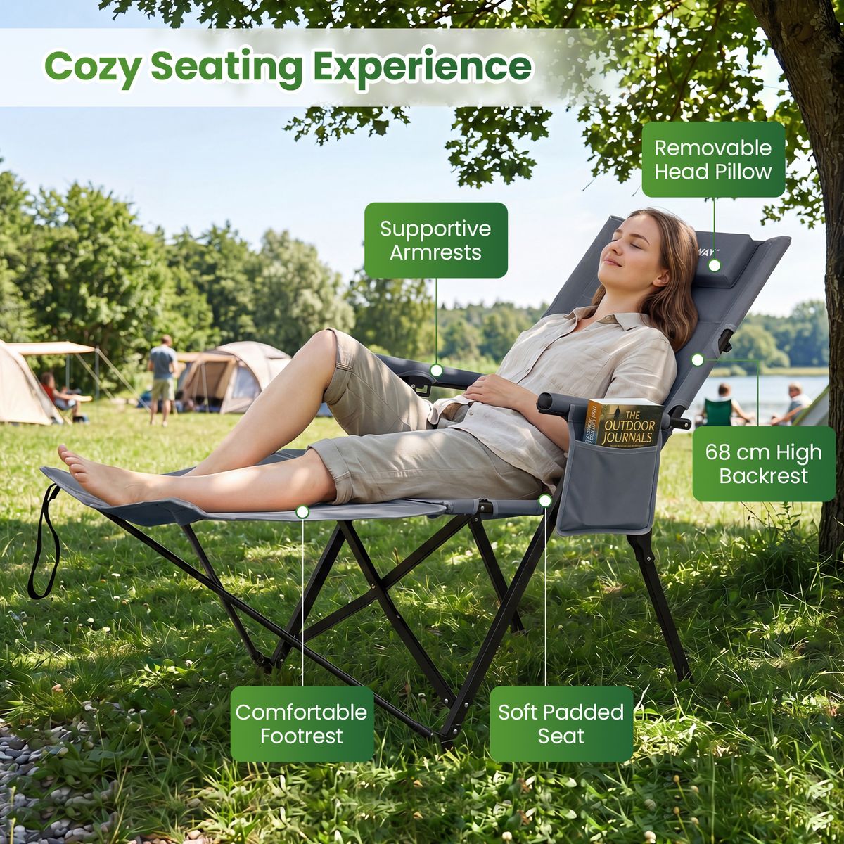 Chaise de camping pliable Coast avec repose-pieds - Dossier réglable sur 4 positions - Poche latérale et coussin - gris