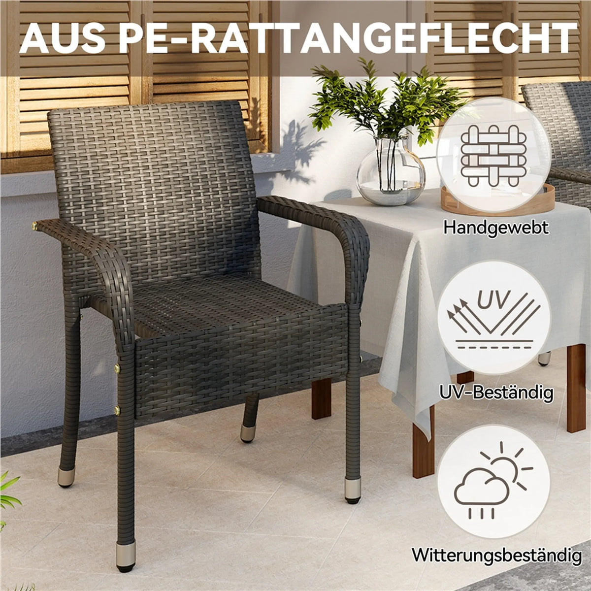 Yaheetech Lot de 2 chaises de jardin empilables en rotin PE 58 x 58 x 84 cm – Gris chaleureux – Rotin et métal