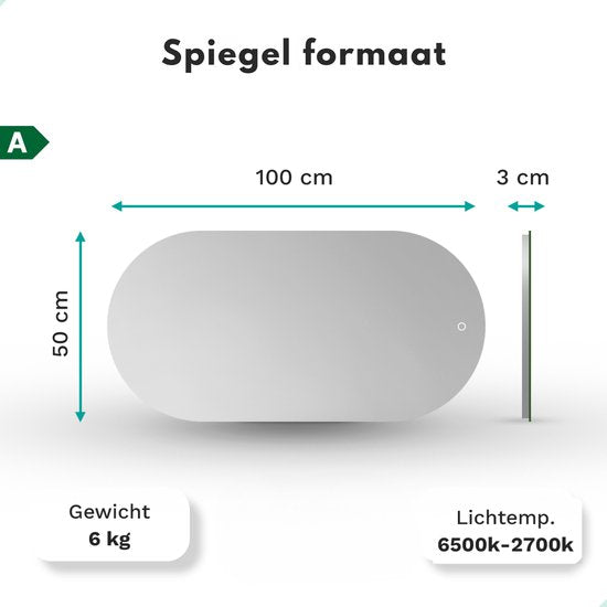 Mirlux Miroir de salle de bain avec éclairage LED et chauffage - Miroir mural ovale - Cadre noir - 100x50CM