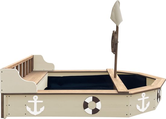 Bac à sable AXI Doris en forme de bateau avec banc de rangement, couleur beige – Drapeau et barre en bois – Bâche de protection et toile de sol incluses – Garantie de 10 ans !
