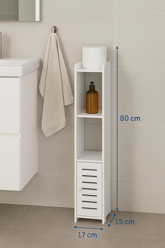 Meuble de salle de bain - Meuble de rangement étroit - MDF - 80 cm de haut - Blanc - Pour toilettes ou salle de bain