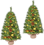 Sapin de Noël artificiel Yaheetech - Lot de 2 - 91,5 cm - 50 LED blanc chaud - Pommes de pin - Vert